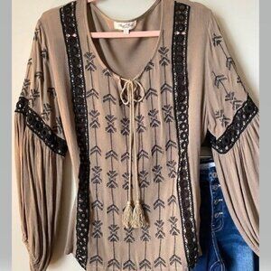 Bell Sleeve Embroidered Tie Front Blouse